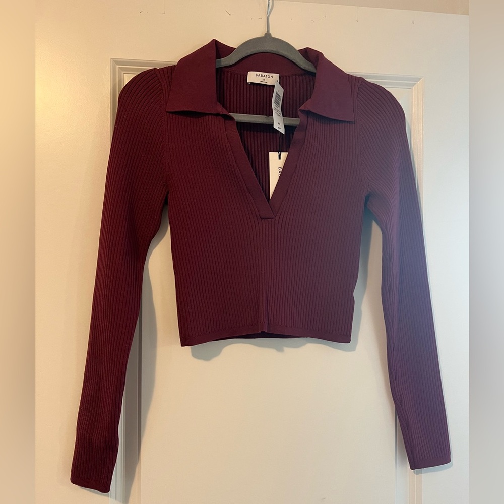 Babaton Red Cropped Polo Blouse